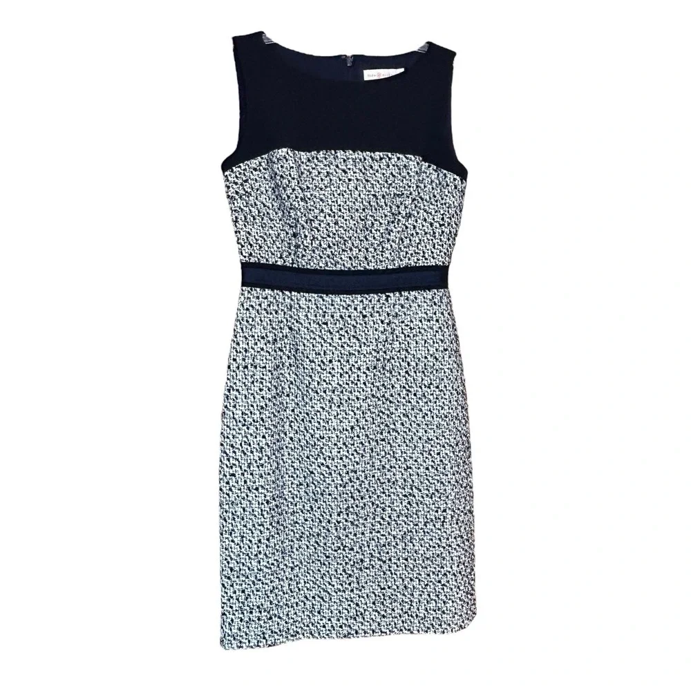 Tory Burch Lucille Tweed Dress Women's SZ‎ 2 Navy Silk Blend Sheath Work Career